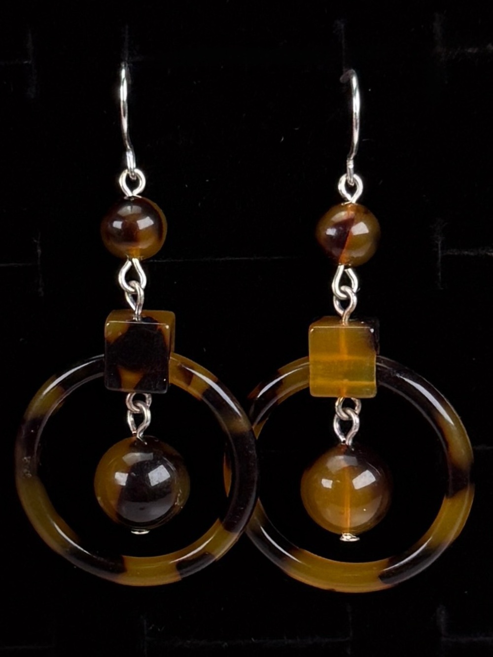 Tortoiseshell Look Geometric Hoop Pierced Dangle Earrings